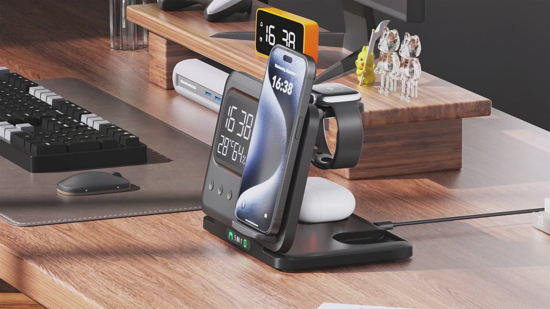 5-in-1 Wireless Charger with LED Alarm Clock